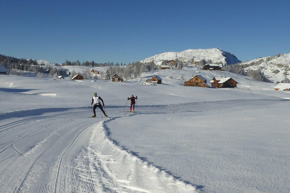 Cross-country skiing on the Tauplitzalm plateau in Styria, Austria